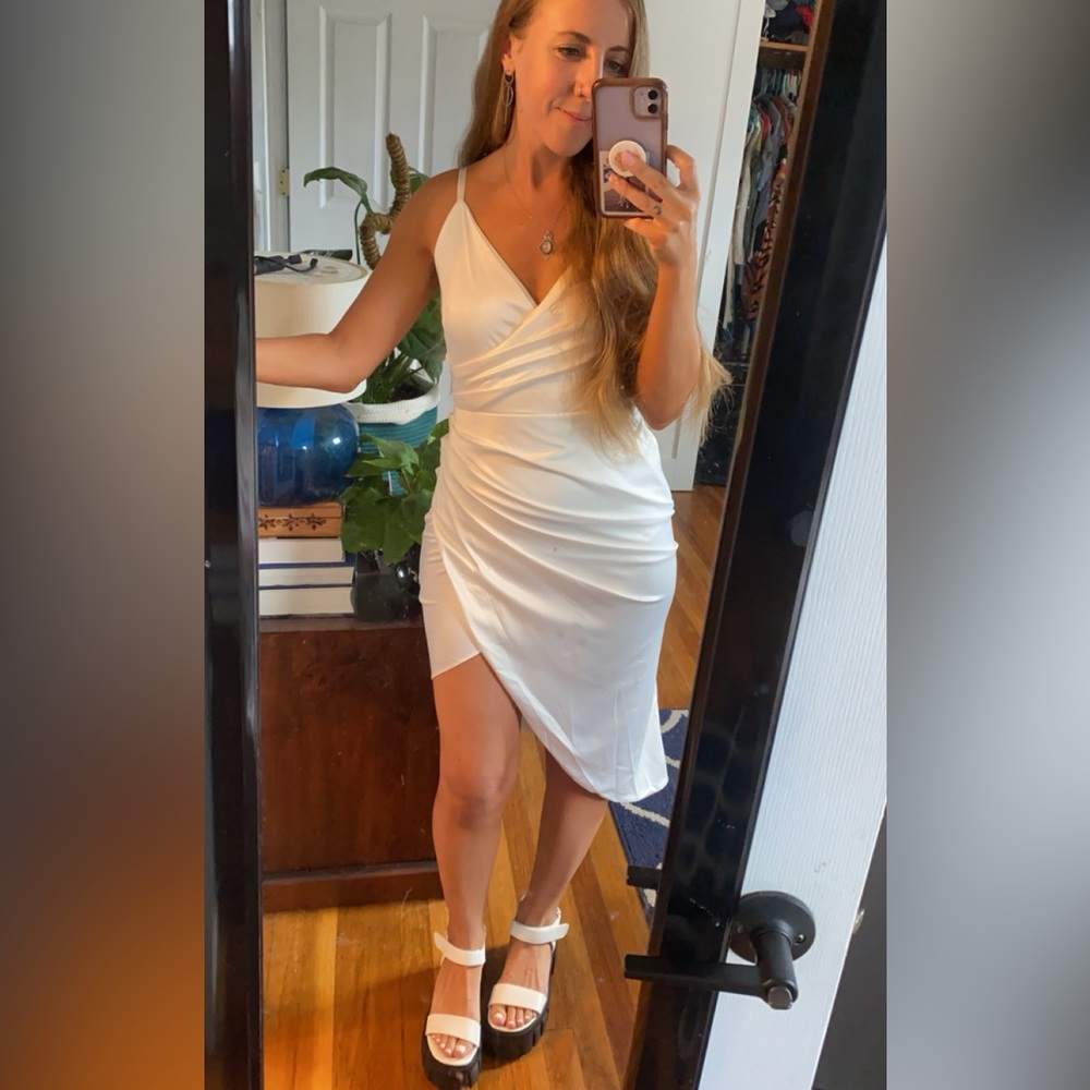 White dress with slit - bridal shower , bachelorette, rehearsal dinner